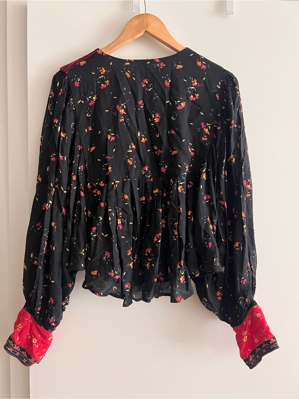 Free People Black Floral Boho Blouse with Red Contrast Cuffs